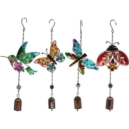 Creative 4 wrought iron wind chimes dragonfly beetle hummingbird butterfly ornaments new glass painted crafts decoration