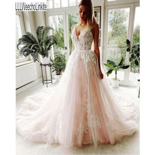 Tulle Lace V-Neck Princess Floor-Length A-Line Wedding Dresses Chapel Train Sleeveless Bridal Gowns Custom Made