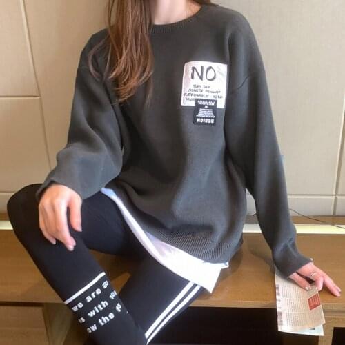 Spring New Womens Sweater Korean Loose Lazy Letter O-Neck Fake Two Piece Knitted Tops Ladies Knitted Sweater Jumper Pullovers