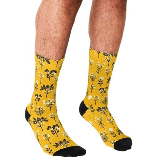 Funny Mens socks Mustard Yellow White Floral Pattern Printed hip hop Men Happy Socks cute boys street style Crazy Socks for men