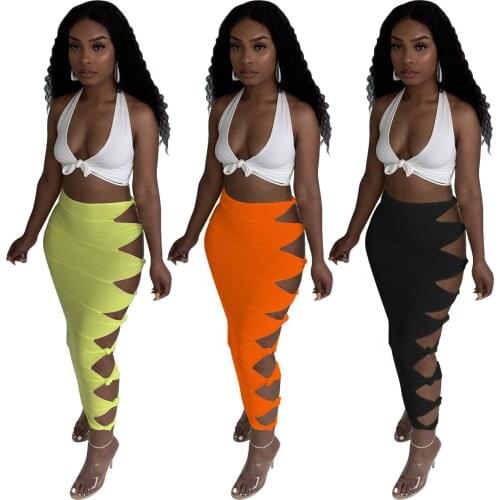 Women Solid Color Skirt Mid Waist Bandage Hollow Out Side Strechy Bodycon Maxi Long Skirts Fashion Sexy Streetwear Summer 2021