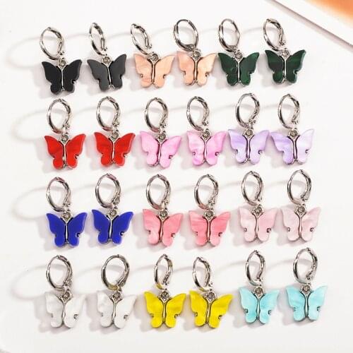 Peixin 2020 Trends Colorful Cute Acrylic Women Butterfly Earrings Charm Silver Color Butterfly Drop Earrings Jewelry Sweet Gift
