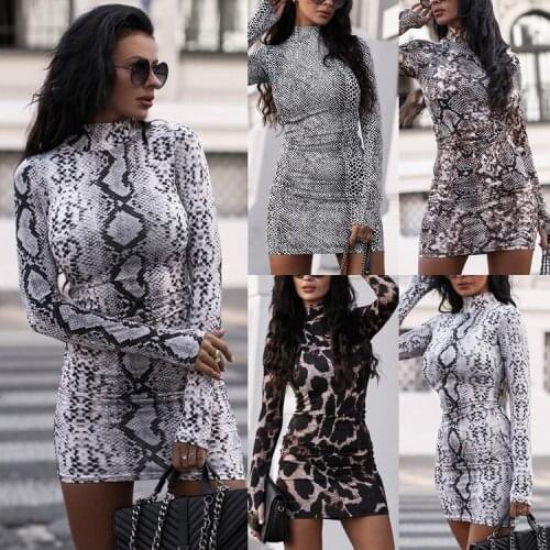 5 Styles Women Long Sleeve Casual Bodycon Dress Turtleneck Leopard Printed Snakeskin Printed Party Clubwear Short Mini Dress
