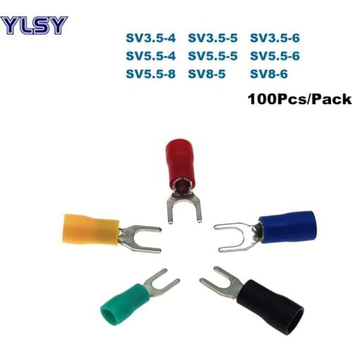 100pcs Spade Insulated Furcate Crimp Terminals Electric Wire Connector SV3.5 SV5.5 Lug Cable Ferrules 14-8AWG 2.5-10mm2