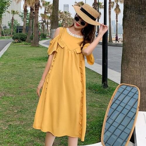 91909# Maternity Clothes Summer Chiffon Short Sleeves Loose Stylish Hollow Shoulder Dress Pregnant Women Pregnancy Clothes