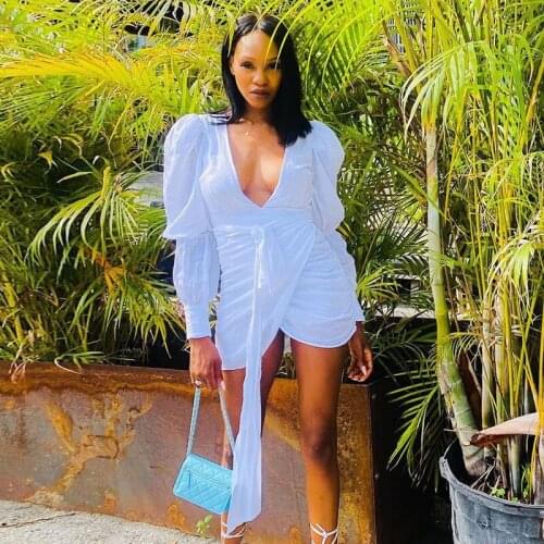 BKLD Sexy Outfits For Woman Night Club Autumn Clothes 2021 New Back Zipper V-Neck Puff Sleeve Lace-Up Irregular Mini Dress White