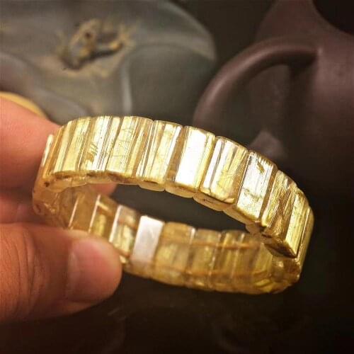 Certificate Natural Gold Rutilated Quartz Bracelet Bangle Titanium Gold Rectangle Beads Luxury Bracelet 15*6mm Bangle AAAAAA