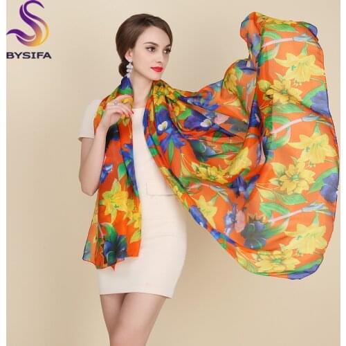 [BYSIFA] Winter Scarves New Accessories Spring Autumn Orange Ladies Long Women 100% Pure Silk Scarf Shawl Summer Beach Shawl