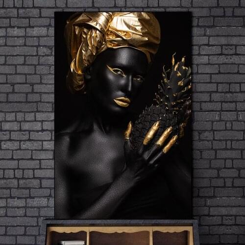 Black Woman Holding Golden Jewelry Canvas Paintings on the Wall Art Posters and Prints African Woman Art Picture Home Wall Decor