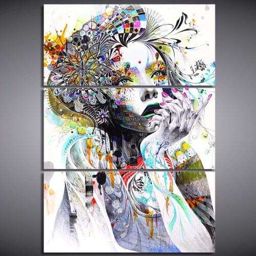 HD spray print 3 Piece canvas art abstract watercolor girl face flower hair Painting Wall Pictures for Living Room