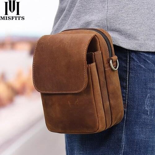 Leather men Casual Design Small Waist Bag Cowhide Fashion Hook Bag Mens Leather Waist Bag Diagonal Bag Retro Outdoor Bag