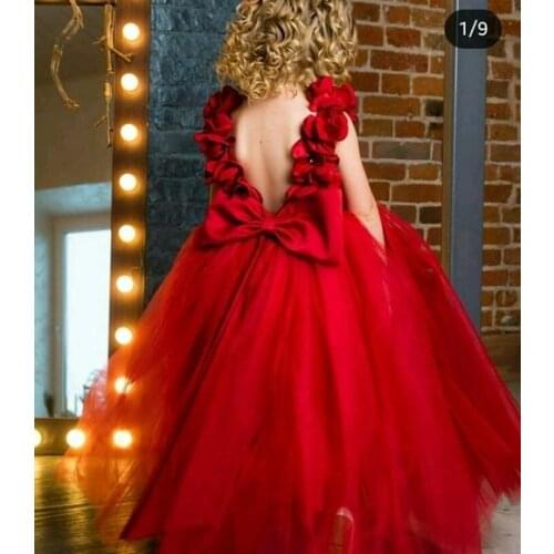 Lovely Red Tulle Girls Dresses for Birthday Princess Party Gowns Backless Big Satin Bow Kids Gown Infant Party Clothes 1-12Y