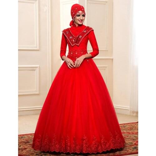 Luxury Lace Muslim Ball Gowns 2018 Beaded Dubai Bridal Gown 3/4 Sleeves High Neck Vestido De Noiva mother of the bride dresses