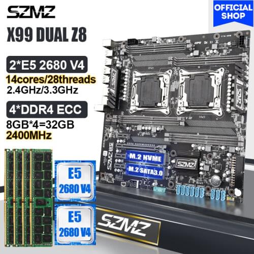 SZMZ x99 Motherboard Combo with Dual Cpu lga 2011 E5-2680 v3 v4 DDR4 2400MHz 4*8=32GB and PICe 3.0 NVMe M.2 SSD Mainboard Set