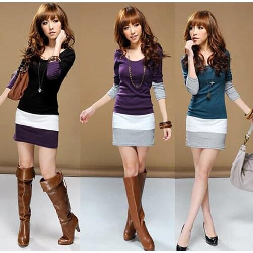Fashion Striped Women Sweet Long Sleeve Stitching T-Shirt Top Blouse Mini Dress Three Color Plus Size