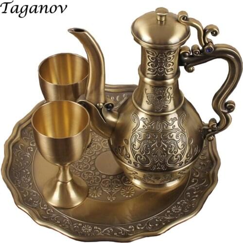 Four-piece Bar Set Russia Bronze wine set gold Red copper Mens gift goblets Winepot plate flagon shot glasses cups Hip Flask