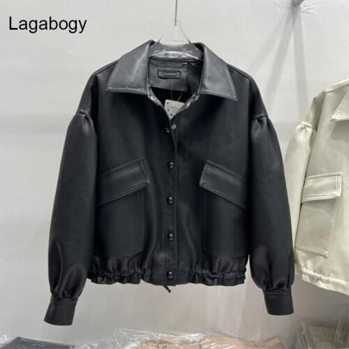 Lagabogy New Spring Autumn Women Loose Oversized Leather Jacket Biker Moto Long Sleeve Coats Female Brown Single-Breasted Outwea