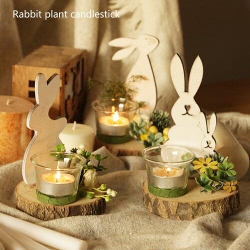 Rabbit Candlestick Glass Cup Home Furnishing Candle Holder Fake Plant Decor Wooden Holiday Gifts Ornament