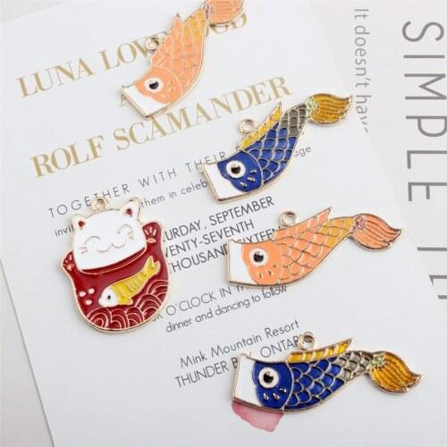 5pcs Lucky cat carp banner diy Japanese jewelry accessories KC gold enamel alloy pendants Pendant pendant Accessories