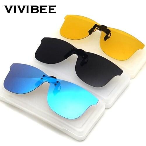 VIVIBEE Square Mirror Mens Clip on Polarized Night Driving Glasses Yellow UV400 Women Sunglasses Fishing Clips for Myopic