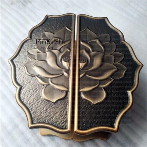 Antique glass door solid durable handle semi-circular door handle clubhouse wooden door bronze carving lotus handle 300mm