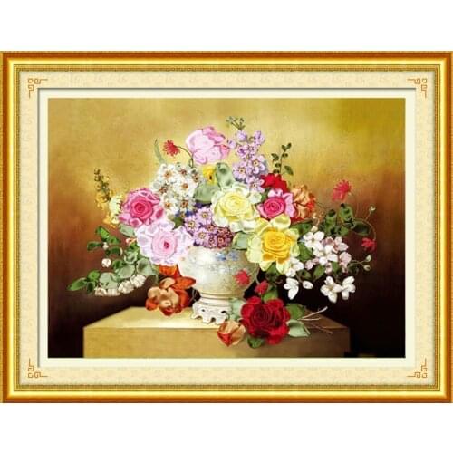 Needlework,DIY Ribbon Cross stitch Set for Embroidery kit, Elegant Vase Rose flower floral Cross-Stitch handwork Home Wall Deco