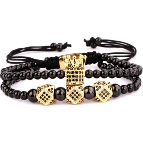 High Quality CZ Micro Pave Crown Charm Stainless Steel Beads Adjustable Bracelet Men Jewelry