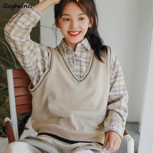 Sweater Vest Women Autumn Loose V-neck Sleeveless Korean Style All-match Womens Vintage Waistcoats Ulzzang Elegant Fresh Chic
