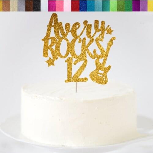 ANY NAME & AGE Custom Rocks Cake Topper, Rock Roll glitter Toppers, Rock Themed Party Decorations, Electric Guitar Cake Topper