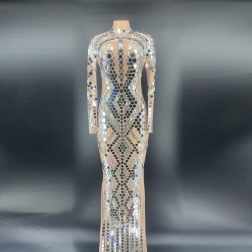 Custom-made Shining Silver Sequins Crystals Long Dress Women Stage Dance Transparent Mess Mirrors Dress See Through Outfit