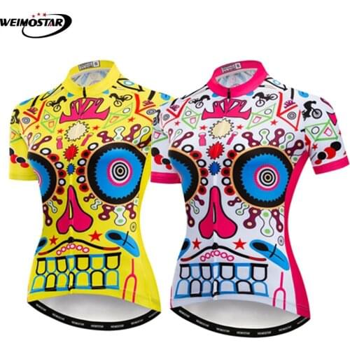 Weimostar skull Cycling Jersey Women Summer Short Sleeve yellow Bike Jersey Maillot Ciclismo Outdoor Racing Sport Bicycle Shirt