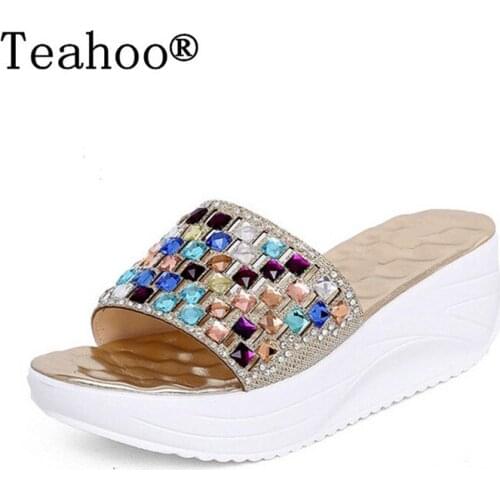 2017 SUMMER STYLE Color Rhinestone Wedge Slide Sandals Women Summer Shoes Bohemia Style Fashion Sandals Size 35-39 Gold Silver