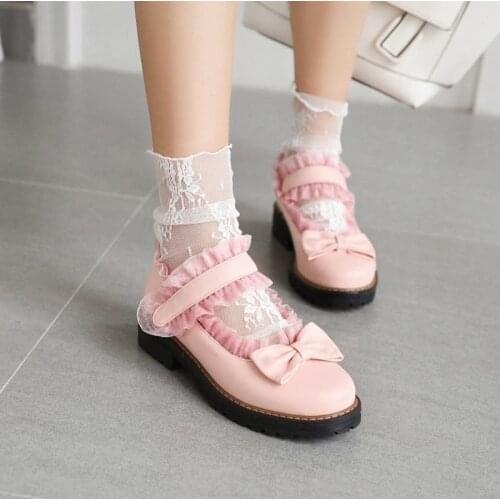 US4-11 Womens Round Toe Janapnese Mary Janes Bowknot Lolita Lace Pumps Mid Heel Belt Shoes Sweet Princesss 3Colors Plus Size New