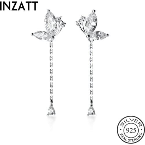 INZATT Real 925 Sterling Silver Zircon Butterfly Chain Tassel Drop Earrings For Elegant Women Party Fine Jewelry Accessories