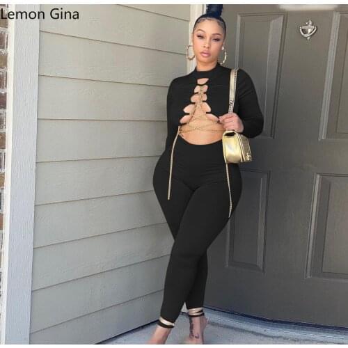 Lemon Gina Women Chain Lace Up Hollow Out Sexy Long Sleeve Jumpsuit Autumn Winter Party Clubwear Skinny Romper Overall