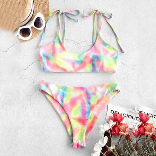 Womens Sexy Bikini Set Tie-dye Lace Up High Cut Leg Halter Bikini Set Two Piece Swimsuit Bikini Push Up Sling Swimwear biquini