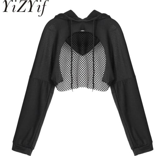 Women Crop Sweatshirt Pullover Top Black Hoodies 2021 Hollow Out Solid Crop Cover Tops Autumn Mesh Patchwork Short Sweatshirt
