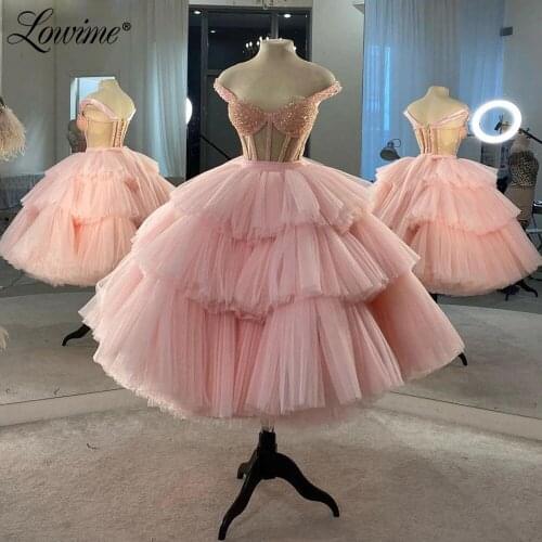Pink Tea Length Prom Dresses Beading Cocktail Party Dress 2021 Couture Tiered Graduation Dress Evening Gowns Vestido De Festa