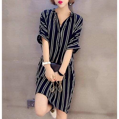 Women Summer Dress Loose Striped Dress V Neck Fashion Short Sleeve Print Stripe Beach Dresses Plus Size Vestidos Femme