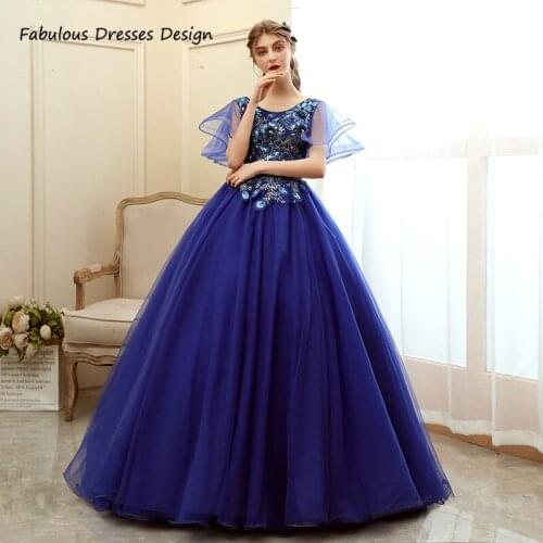 Royal Blue Scoop Neck Quinceanera Dresses Puffy Ball Gown 2021 Sequin Crystal Sweet 16 Dress Pageant For Women Princess Vestidos