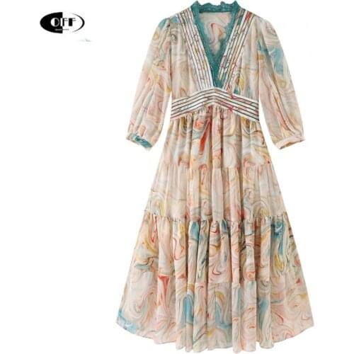 Designer Fashion Vintage Midi Dresses Summer V-neck Lace Up High Waist Elegant Beach Chic On Holiday Bohemia Ladies Dress Femme