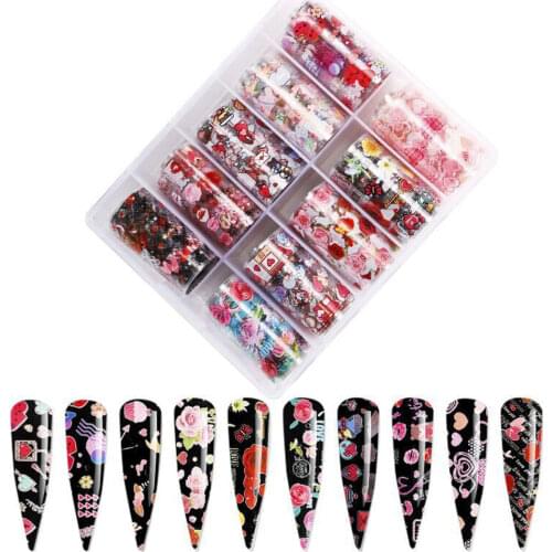 1Box Romantic Rose Heart Nails Art Transfer Foils Mixed Flowers Butterfly Sticker Gel Polish Sliders Valentine Foil Decals Tr#56