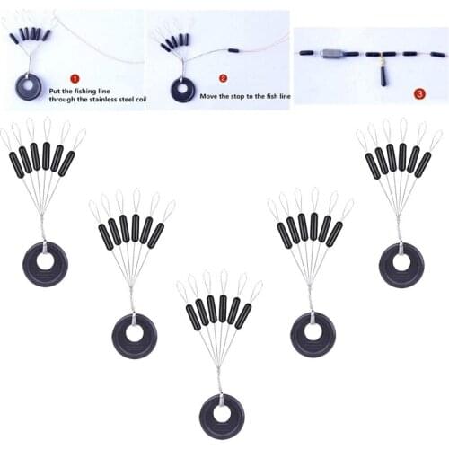 10 Groups 60 Pcs Fishing Bobber Stopper 6 in 1 Float Sinker Line Stops 3 Sizes Black Cylinder Float Space Beans