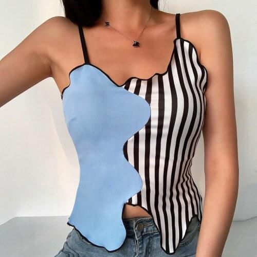 2020 Summer Black White Striped Patchwork Camis Tank Tops Sexy Spaghetti Strap Bare Navel Tops Lady Camisole WDC4700