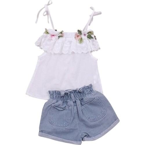 2021 Toddler Kids Baby Girl Lace Floral Sling Top + Denim Shorts Summer Sleeveless 2PCS Infant Girl Clothes 2-7 Years
