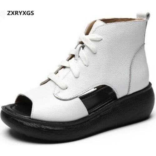 Promotion Top Cowhide Summer Women Sandals Summer Leather Sandals 2020 Fish Mouth Shoes Roman Sandals Platform Wedge Sandals