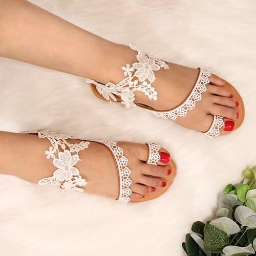 Summer Sandals Womens Flat Sandals Solid Color Lace Open Toe Wedding Plus Size 43 Boho Mujer Colorful Female Beach Flat Shoes