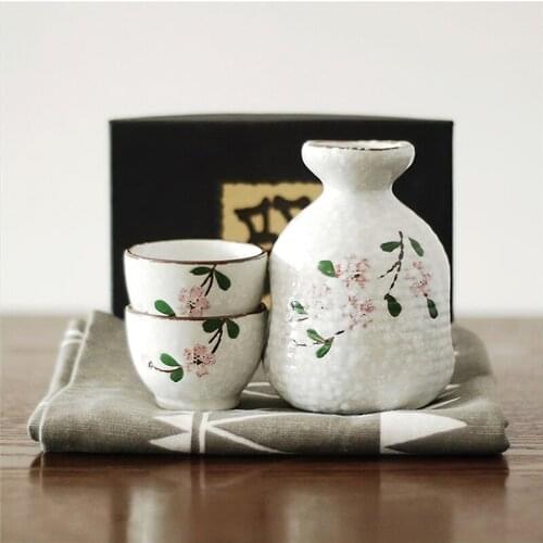 Ceramic Wine Set Japanese Underglaze Cherry Blossom White 1pot 2cup Gift Box Drinkware Bar Decoration Household Kitchen Supplies