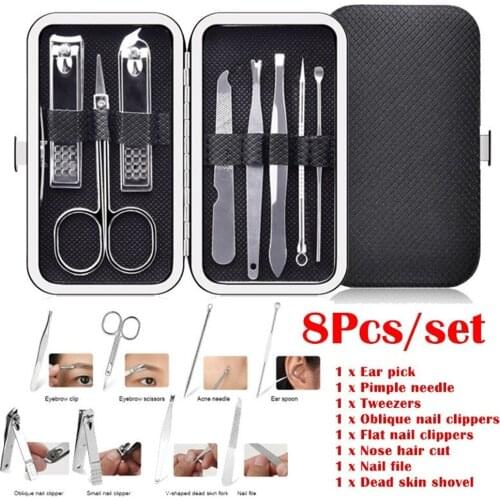 8Pcs/Set Multifunction Nail Clippers Set Stainless Steel Black Pedicure Scissor Tweezer Manicure Set Kit 5 Color Nail Art Tools