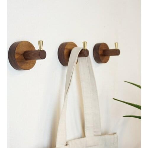 Natural Wood + brass Clothes Hanger Wall Mounted Coat Hook Decorative Key Holder Hat Scarf Handbag Storage Hanger Bathroom Rack